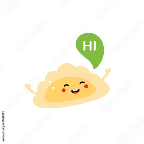 Cute happy cartoon style pierogi, filled dumpling character with speech bubble saying hi, hello.