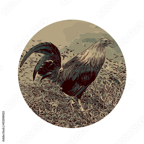 WPA poster art of a fighting game fowl or rooster viewed from side set inside oval done in works project administration or federal art project style.