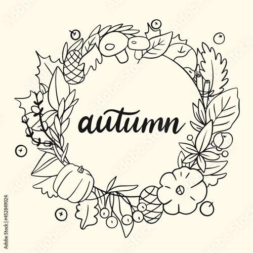 Autumn wreath design template print with pumpkin  apple  leaves. Vector Halloween illustration. October harvest background. Organic vegetable garden food. Nature design. Fall season.
