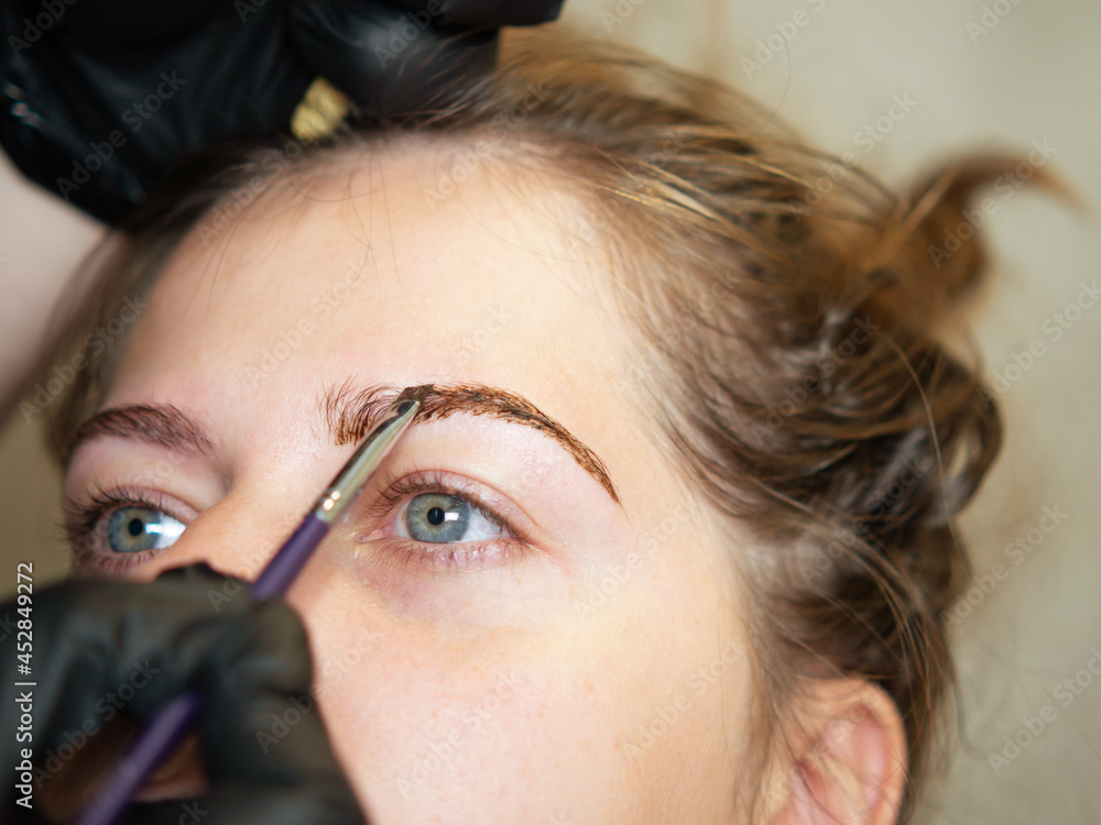 Make-up beautician applies henna paint to eyebrows. Professional face care. Make-up beautician applies henna paint to eyebrows. Professional face care.