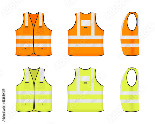 Safety reflective vest icon sign flat style design vector illustration set. Orange and yellow fluorescent security safety work jacket with reflective stripes. Front, side back view road uniform vest.
