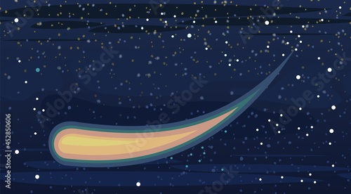 Cosmos background. Starry sky landscape. A bright comet. Flat style. Cartoon design. Vector