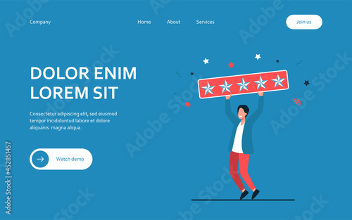 Happy man holding five golden stars. Customer, review, social media flat vector illustration. Assessment and rating concept for banner, website design or landing web page
