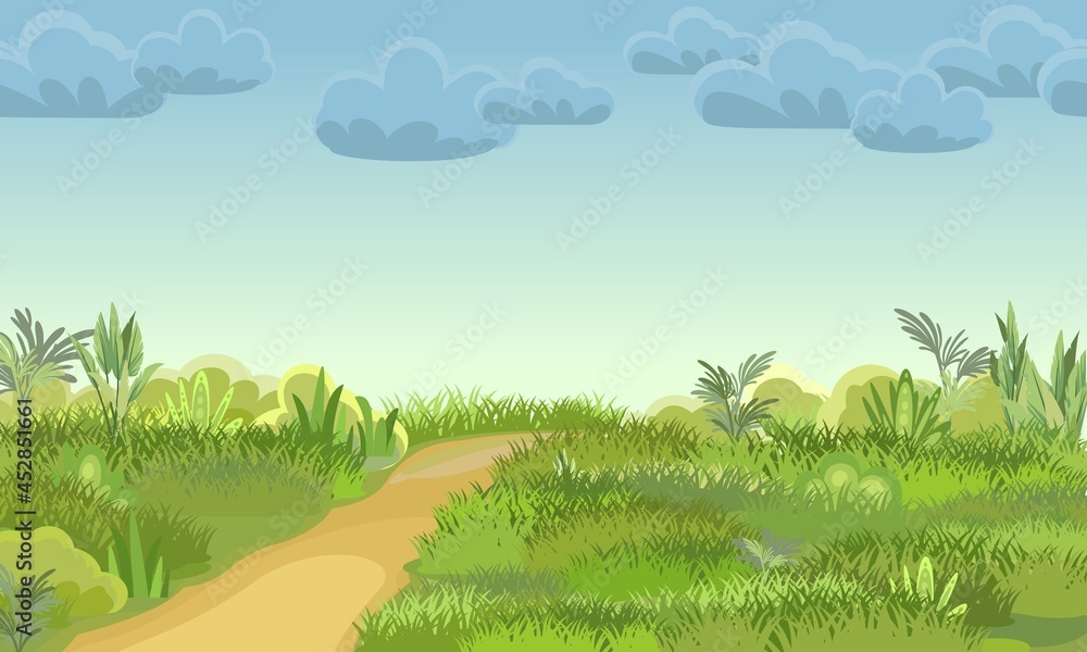 Rural road obliquely to Green Glade. Summer meadow. Evening. Trail. Juicy grass close up. Grassland. Country trip. Cartoon style. Flat design. Illustration vector art