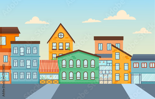 Multicolored high-rise buildings. Landscape of beautiful city in evening. Urban skyline. Busy downtown area. Structures and buildings. Minimalistic drawing of city streets. Cartoon vector illustration