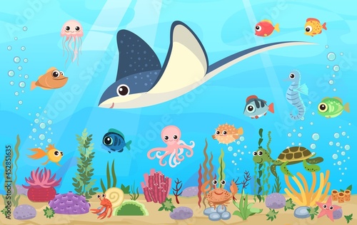 Stingray. Bottom of reservoir with fish. Blue water. Sea ocean. Underwater landscape with animals. plants  algae and corals. Cartoon style illusteration. Vector art