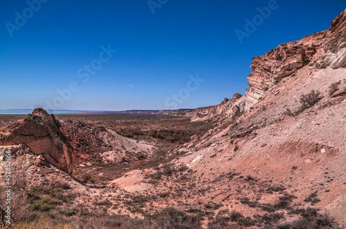 Panorama view to Plateau Ustyurt from the edge of Aral sea at Duana cape, Karakalpakstan, Uzbekistan