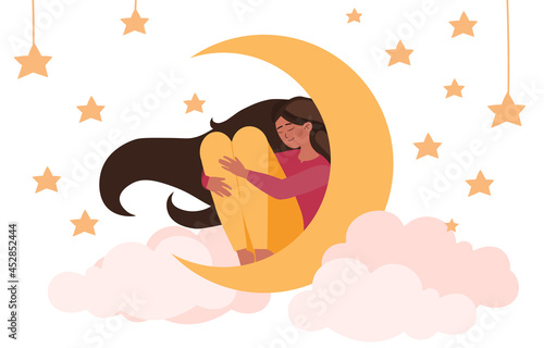 Girl sleeping on moon. Character resting among stars. Childhood dreams. Delicate bedroom on clouds. Graphic elements for websites. Cartoon flat vector illustrations isolated on white background