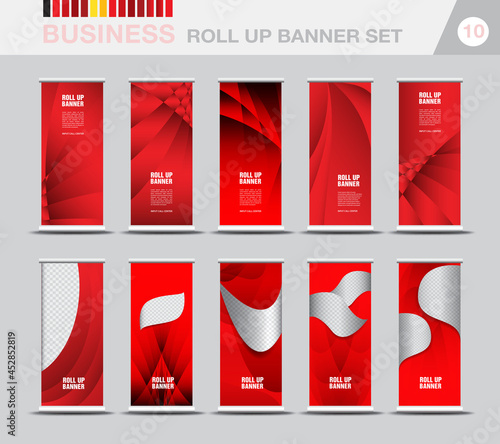 Business Roll up banner template set, Modern Exhibition Advertising, Web banner design, Stand, Poster, pull up, flyer, presentation, advertisement, j-flag, x-stand, Red gradient background, vector