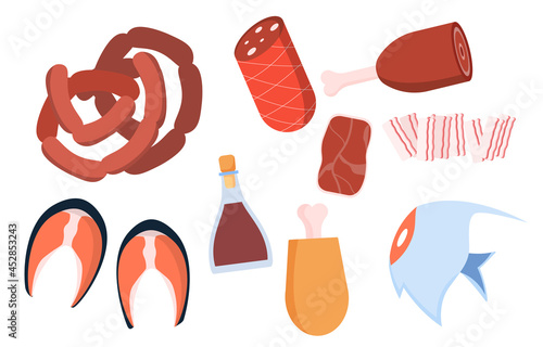 Fish and meat. Set of icons for sites. Pictures of different kinds of meat. Protein food, food for hunters. Chicken leg, bones. Cartoon flat vector illustrations isolated on white background