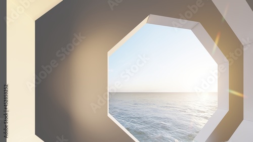Architecture interior background room with geometric opening and sea view 3d render