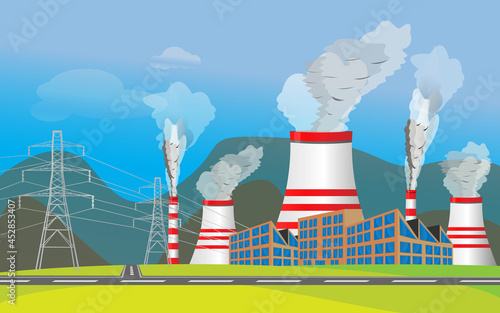 Combined heat and power station or thermal power plant scenery. Industry air pollution. All types of power stations. System with transmission tower and generator and Cooling tower photo