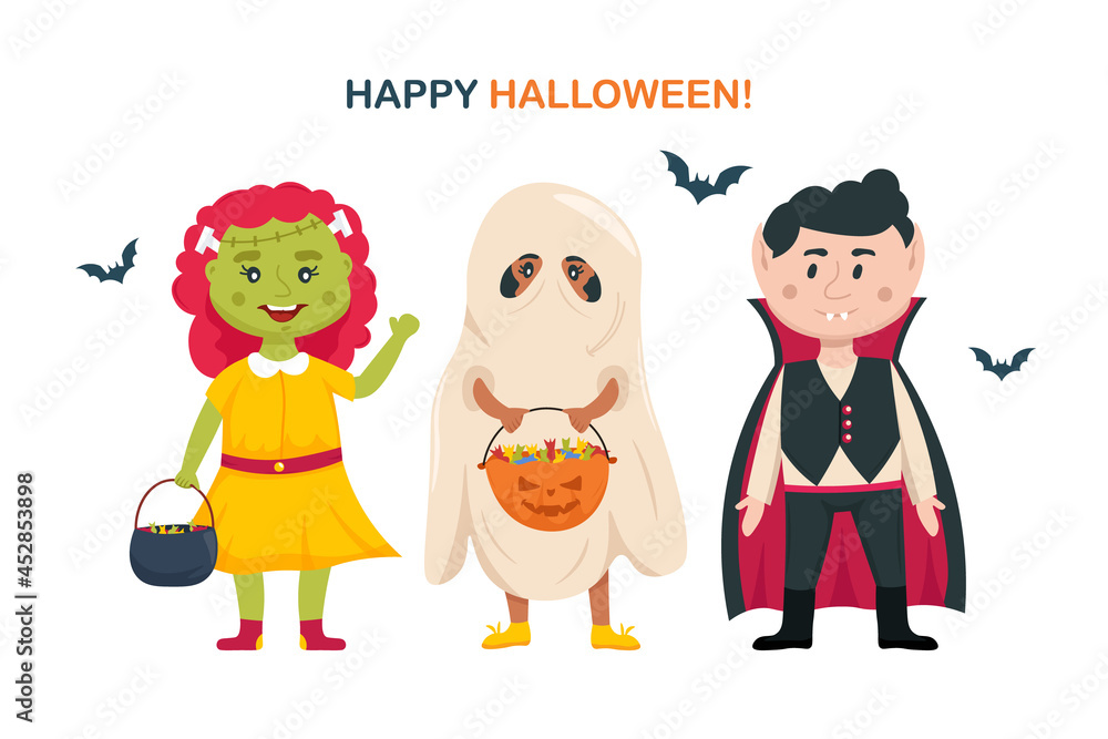 Halloween kids. Group of children characters in halloween costumes. Halloween party outfits collection. Vector cartoon illustration. Halloween kids. Group of children characters in halloween costumes. Halloween party outfits collection. Vector cartoon illustration.