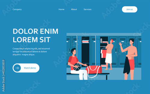 Sport gym locker room with men flat vector illustration. Cartoon male football team changing clothes for training. Soccer team and sport game concept
