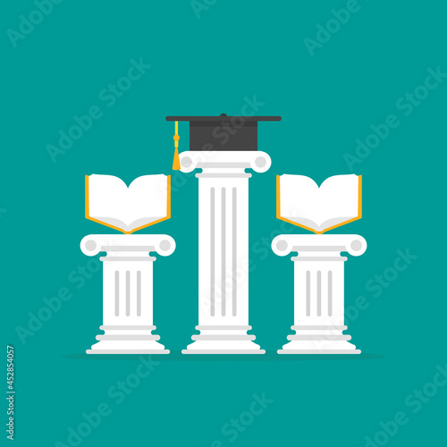 Greek column with mortar board and books. Antique pillar and graduation toga cap.