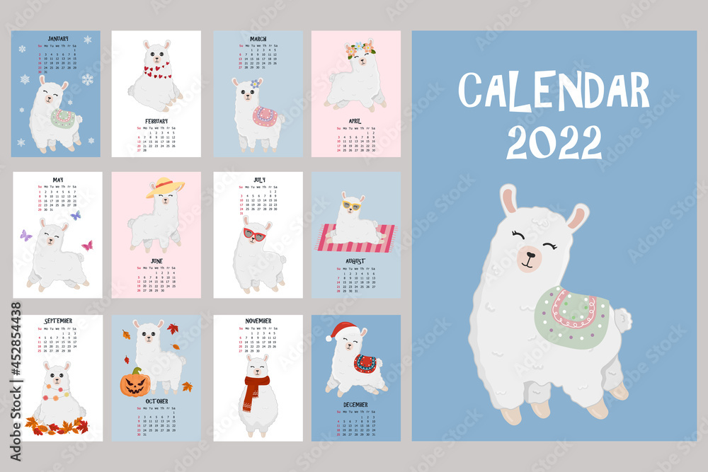 Fototapeta premium Cute calendar with llama character. 2022 calendar with alpaca. Minimalistic calendar for the year for print with kids illustrations. Wall vertical calendar. Vector illustration