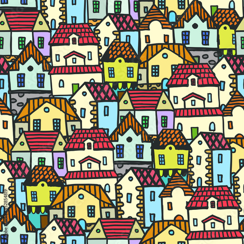  hand drawn color seamless pattern with old town with tiled roofs © iuliia