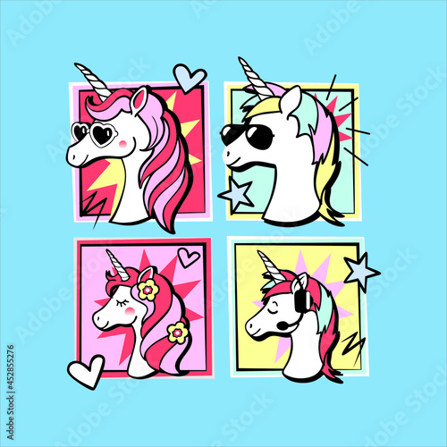 Unicorn vector illustration for children design. Rainbow hair. Isolated. Cute fantasy animal.