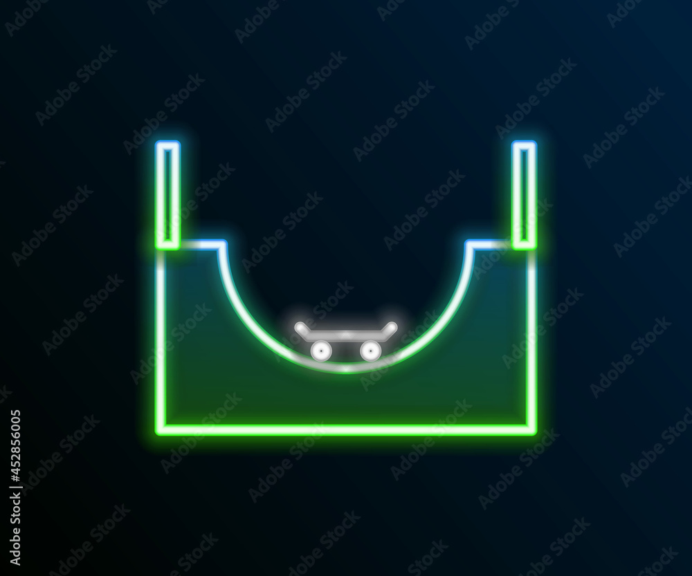 Glowing neon line Skate park icon isolated on black background. Set of ramp, roller, stairs for a skatepark. Extreme sport. Colorful outline concept. Vector Glowing neon line Skate park icon isolated on black background. Set of ramp, roller, stairs for a skatepark. Extreme sport. Colorful outline concept. Vector