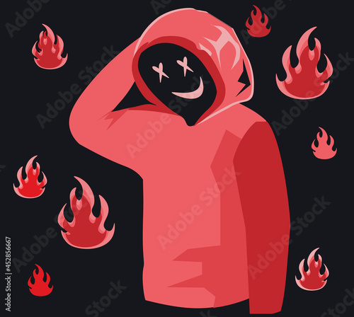 Red hoodie with eyes in form of crosses. Frightening character with sly smile and fire. Clothing and human silhouette. Cartoon modern flat vector illustration isolated on black background