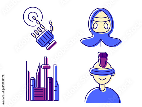Cyberpunk flat icons set. Futuristic city. Bio mechanical arm. Bio-robot gadgets