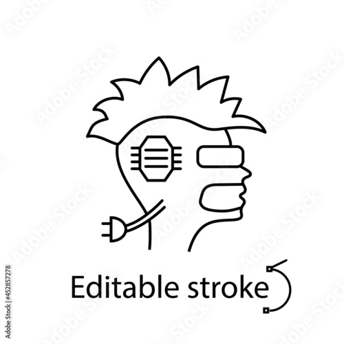 Human head with microchip outline icon. Skull with mohawk. Cyberpunk concet. High tech technology.