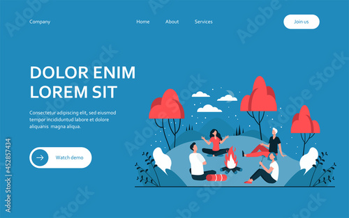 Happy friends sitting near campfire at summer night flat vector illustration. Cartoon people telling scary story near fire. Summertime camping and nature recreation concept