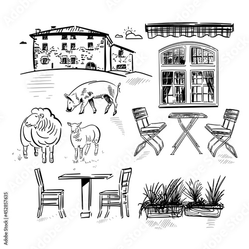 Set of rustic icons animals buildings and landscape for design. Vector hand drawn sketches. photo