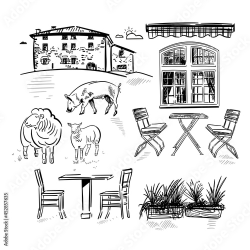 Set of rustic icons animals buildings and landscape for design. Vector hand drawn sketches.