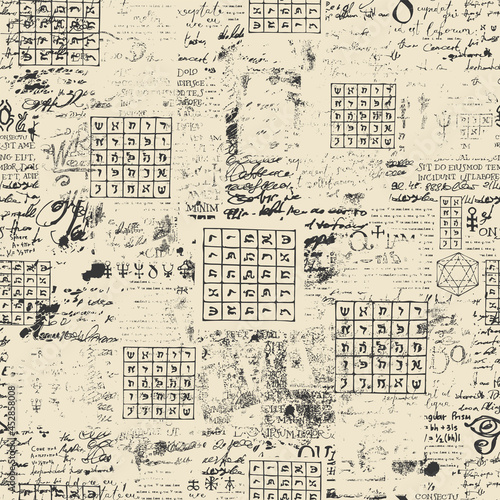 Abstract seamless pattern with tables, fragments of black typescript, handwritten scribbles and blots on an old paper. Repeating vector background, wallpaper, wrapping paper or fabric in grunge style