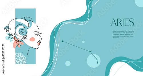 Zodiac background. Aries constellation. Horizontal banner. One line.
