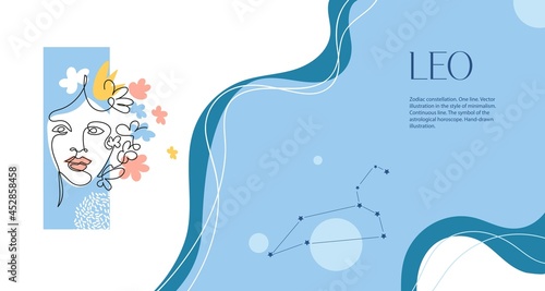 Zodiac background. Leo constellation. The element of fire. Horizontal banner. One line. Minimalistic graphics.