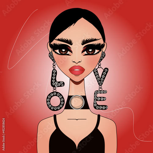 Cute fashion girl portrait with statement Love earrings, on red background. French style Valentine vector character girl concept for postcard and banner.