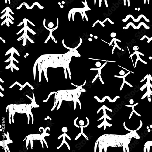 Cave paintings vector seamless pattern, repetitive background inspired by prehistoric art with cavemen hunting animals in white on black
