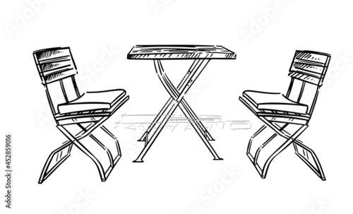 Furniture set, two chairs and table. Vector hand drawn illustration isolated on white background.