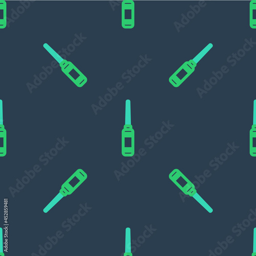 Line Awl tool with wooden handle icon isolated seamless pattern on blue background. Work equipment tailor industry. Vector