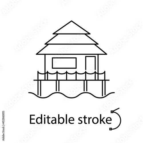 Water house on stilts outline icon. Maldivian attribute. Coral island. Editable stroke. Isolated vector illustration