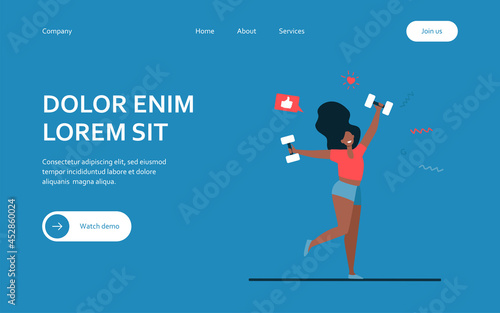Happy dark skinned girl doing exercises. Woman dancing with dumbbells flat vector illustration. Fitness, gym, weight lifting concept for banner, website design or landing web page