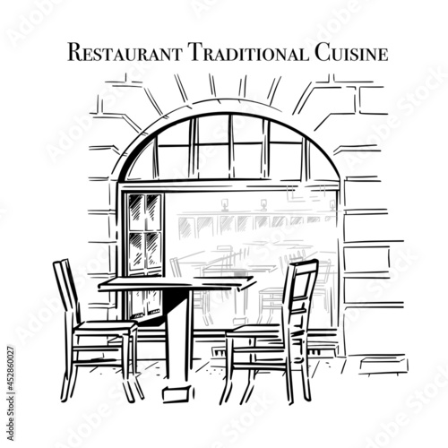 Street cafe furniture set, two chairs table in front of restaurant. Vector hand drawn illustration isolated on white background.