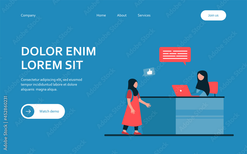Muslim woman working on laptop and talking with girl. Mom, kid, computer flat vector illustration. Family and communication concept for banner, website design or landing web page Muslim woman working on laptop and talking with girl. Mom, kid, computer flat vector illustration. Family and communication concept for banner, website design or landing web page