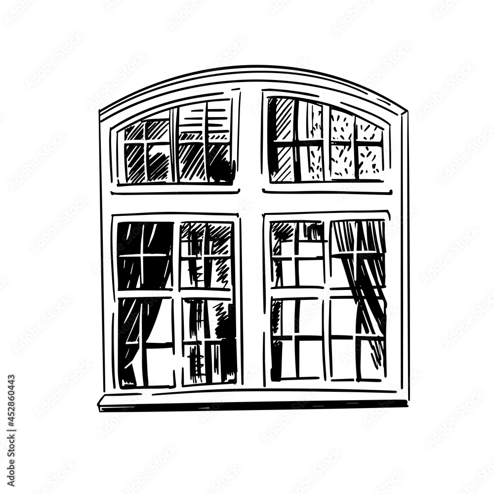 Traditional window in English house. Vector hand drawn illustration.