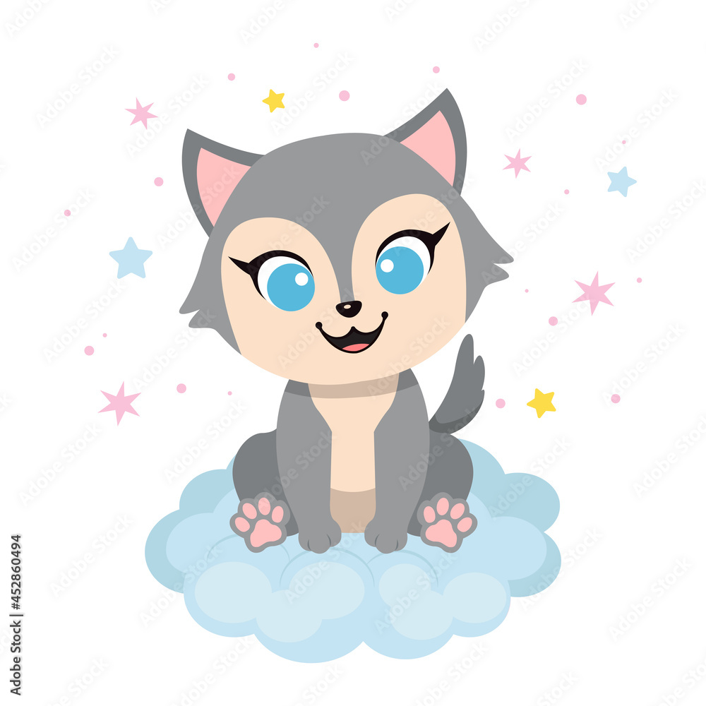 Cute little dog sitting on the cloud. Flat vector cartoon illustration Cute little dog sitting on the cloud. Flat vector cartoon illustration