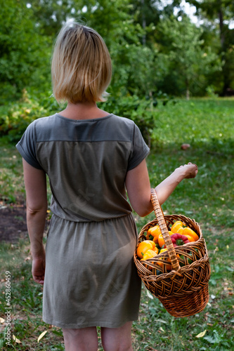 A woman standing with a wicker basket in which there are colored peppers