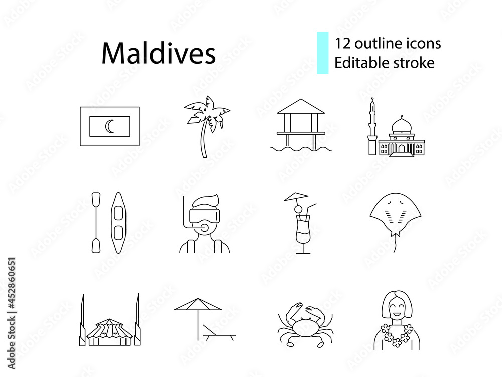 Maldives outline icons set. Attributes, travel guide. Beach resort. Editable stroke. Isolated vector illustration Maldives outline icons set. Attributes, travel guide. Beach resort. Editable stroke. Isolated vector illustration