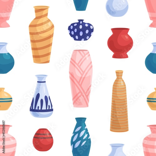 Seamless pattern with ceramic and porcelain vases on white background. Endless repeating texture with earthen pottery and crockery of different shapes and color. Flat vector illustration for printing
