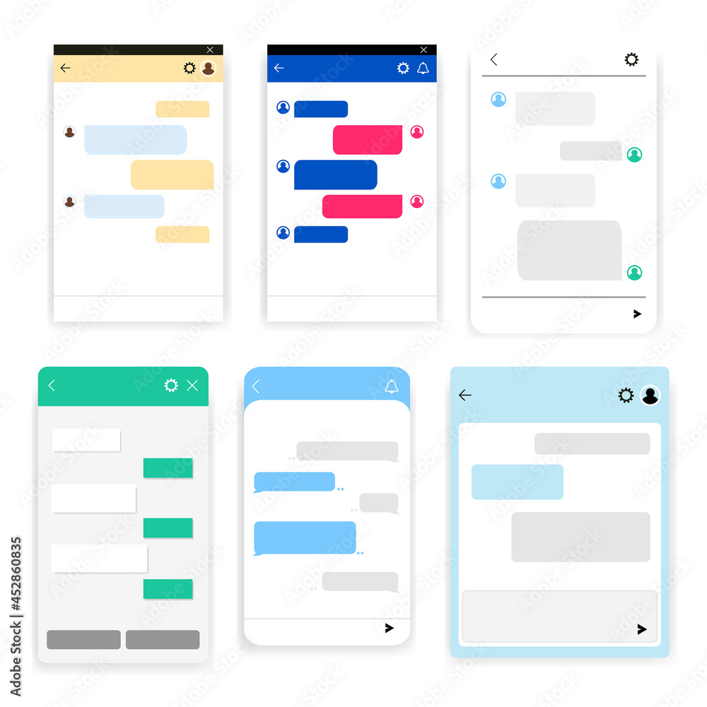 Set of chat bot dialoges windows for website and mobile app. Collection of group text messaging app on smartphone screen. Vector template Set of chat bot dialoges windows for website and mobile app. Collection of group text messaging app on smartphone screen. Vector template