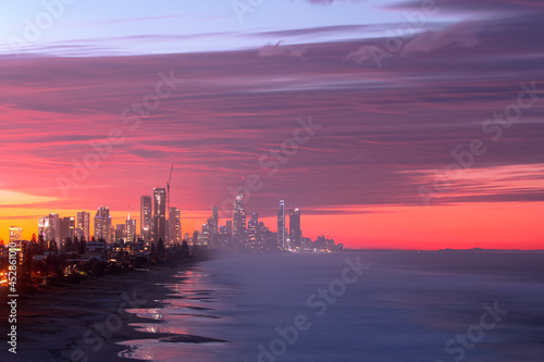Gold Coast cityscape  red sky at sunset. View from Miami hill