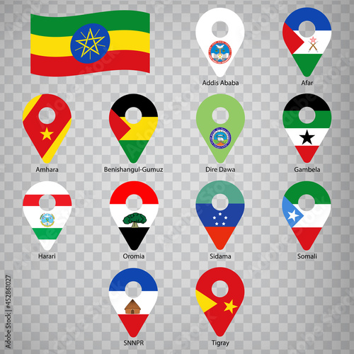 Twelve flags the Provinces of Ethiopia -  alphabetical order with name.  Set of 2d geolocation signs like flags Regions of Ethiopia . Twelve  one 2d geolocation signs for your design. EPS10