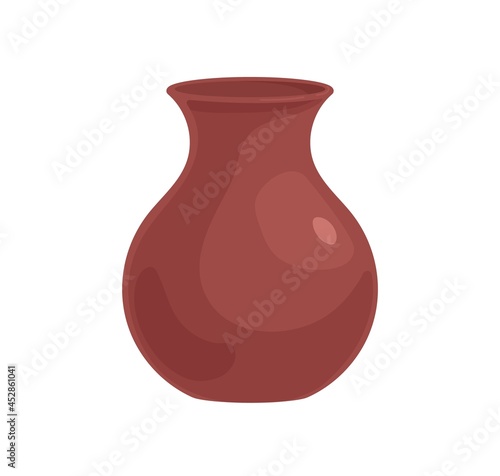 Empty clay vase. Brown earthen vessel. Pottery art. Realistic rounded crock with narrow neck. Colored flat cartoon vector illustration of earthenware isolated on white background