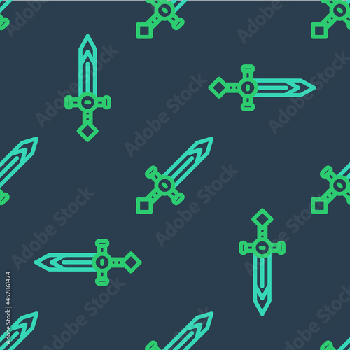 Line Medieval sword icon isolated seamless pattern on blue background. Medieval weapon. Vector